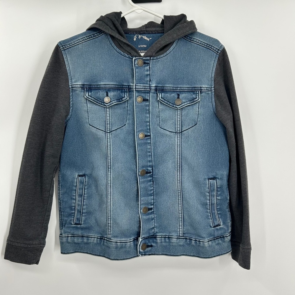 Art Class Boys Denim Jacket Hooded Contrast Sleeves Blue Gray Size L 12/14 0761